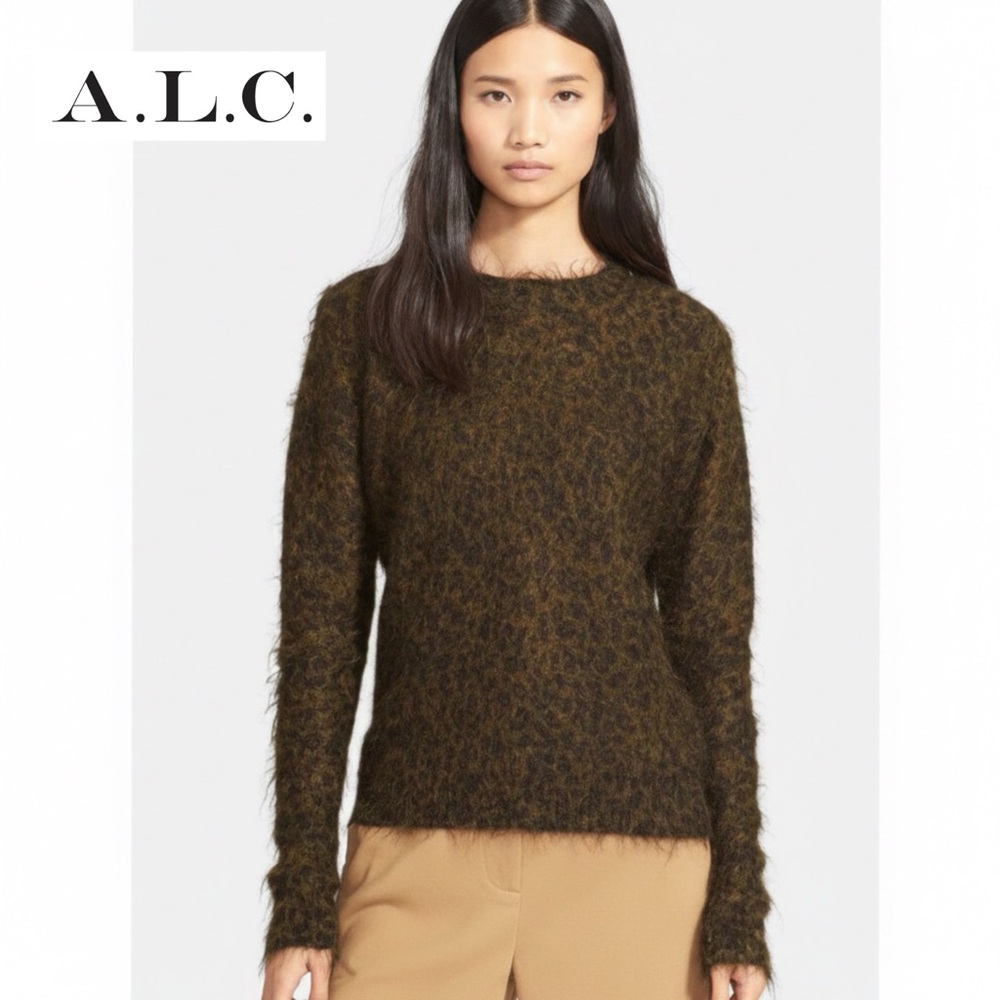 A.L.C. Boy Metallic Leopard Mohair Blend Fuzzy Sweater Crewneck L Animal Print